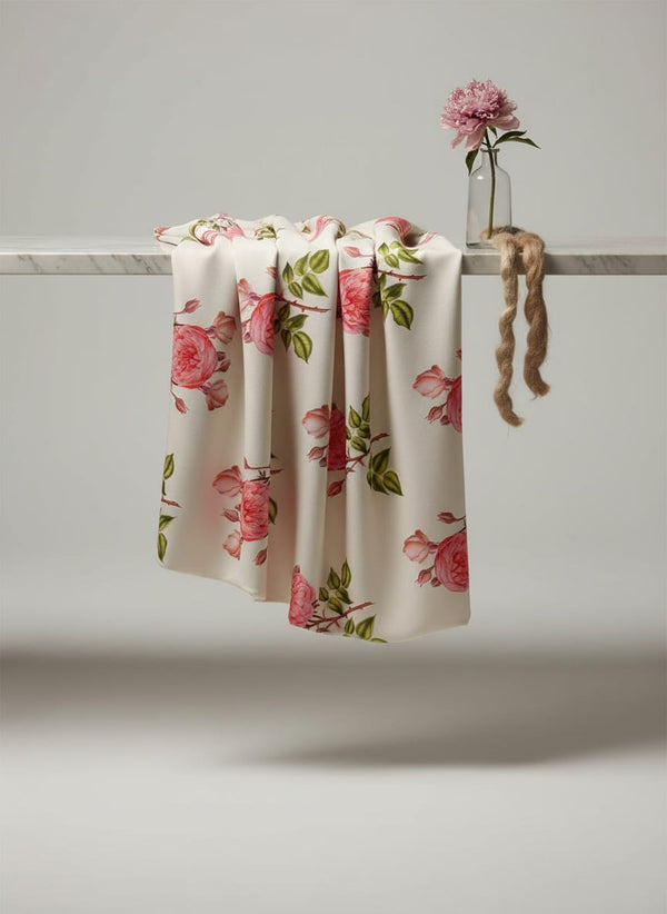 Cream Vintage Botanical Rose Floral Jam Satin Digital Printed Fabric - Fabric Editorial Studio Flatlay Lookbook - JAM-0-0TA07107P11-108