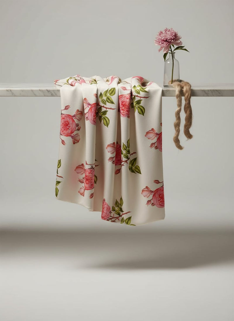Cream Vintage Botanical Rose Floral Jam Satin Digital Printed Fabric