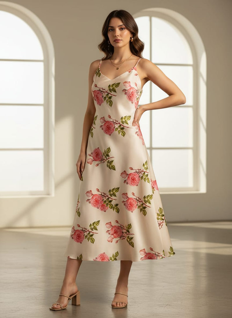 Cream Vintage Botanical Rose Floral Jam Satin Digital Printed Fabric
