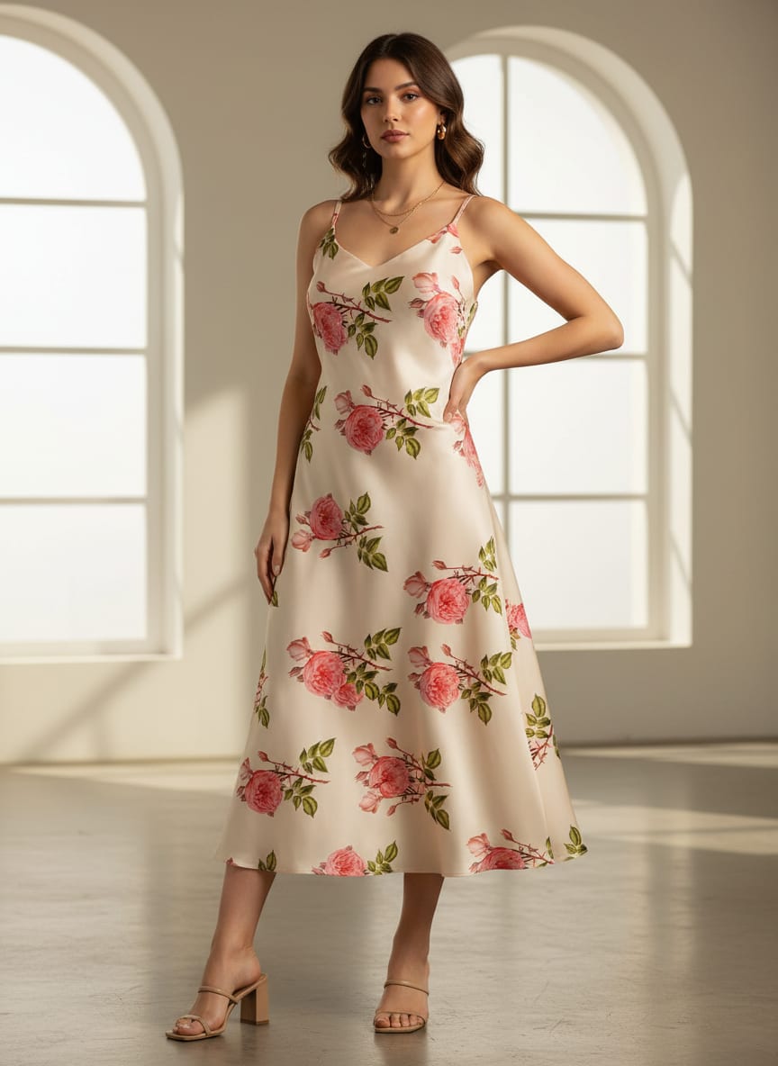Cream Vintage Botanical Rose Floral Jam Satin Digital Printed Fabric