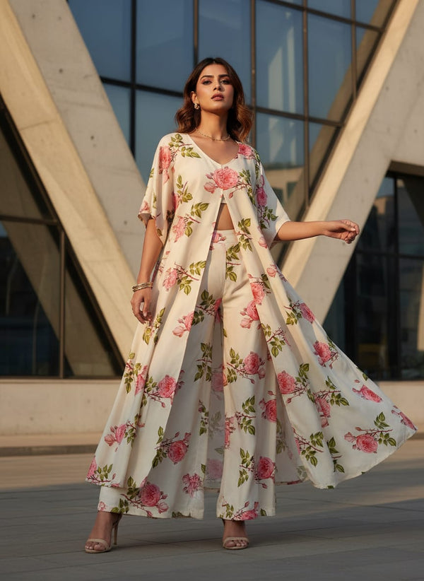 Cream Vintage Botanical Rose Floral Jam Satin Digital Printed Fabric - Cape with Palazzo Lookbook - JAM-0-0TA07107P11-108 - alternate view
