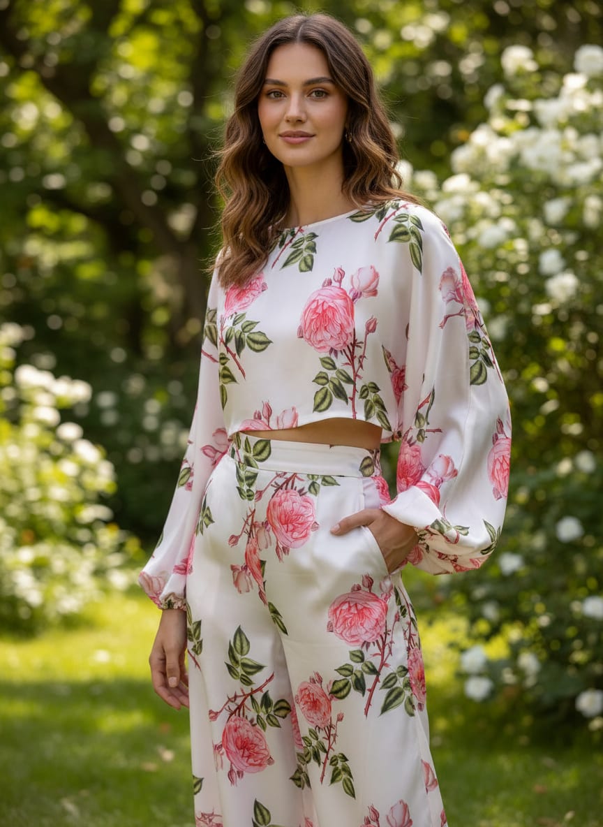 Red Rose Laying Over Peach Base Digital Printed Fabric