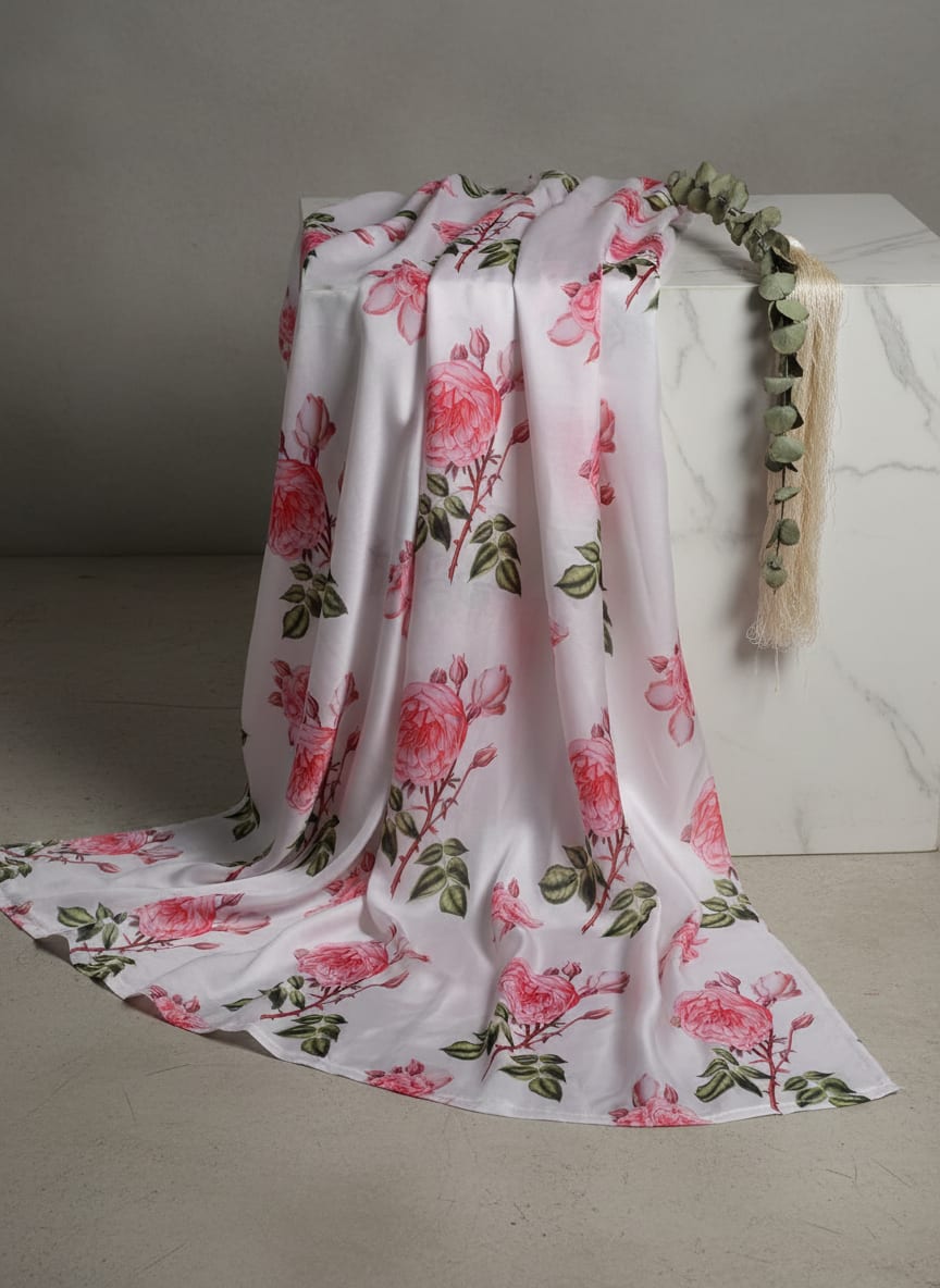 White Classic Pink Rose Floral Japan Satin Digital Printed Fabric