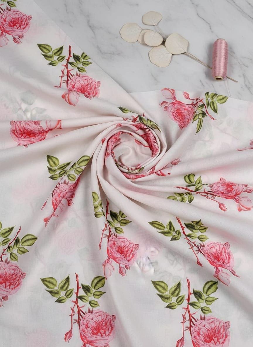 White and Pink English Rose Floral Muslin Digital Printed Fabric
