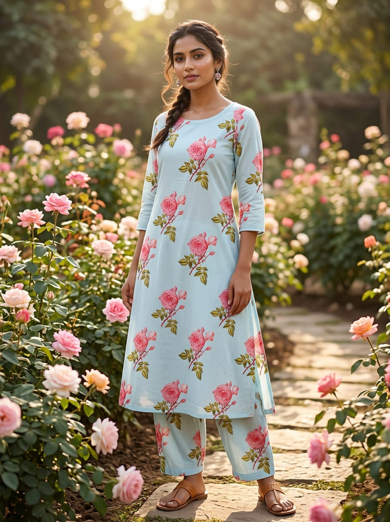 Blue Classic Rose Floral Pure Cotton Digital Printed Fabric