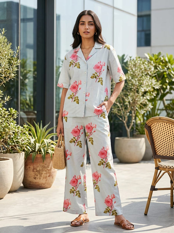 Blue Classic Rose Floral Pure Cotton Digital Printed Fabric - Co-ord Set with Wide Leg Pants Lookbook - PCO-0-TA07107P13-108 - alternate view