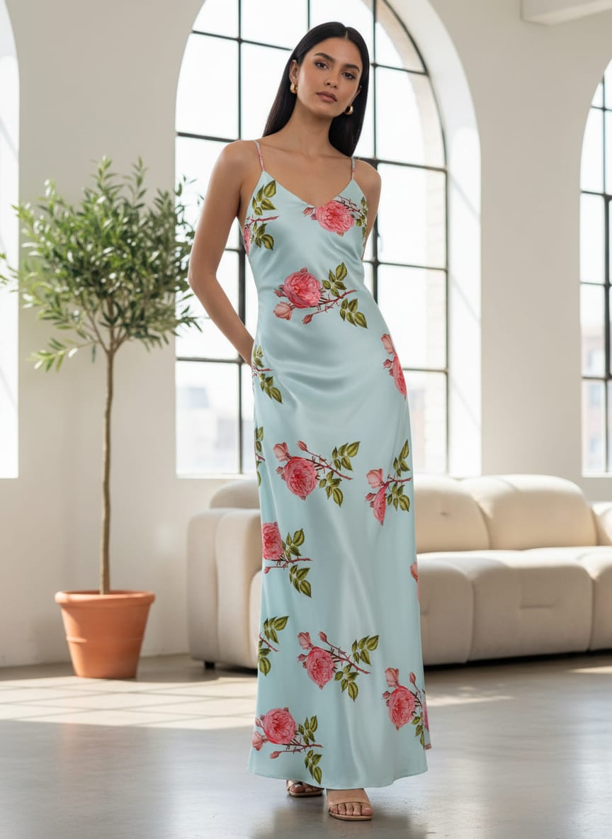 Blue Botanical Rose Floral Print Jam Satin Digital Printed Fabric