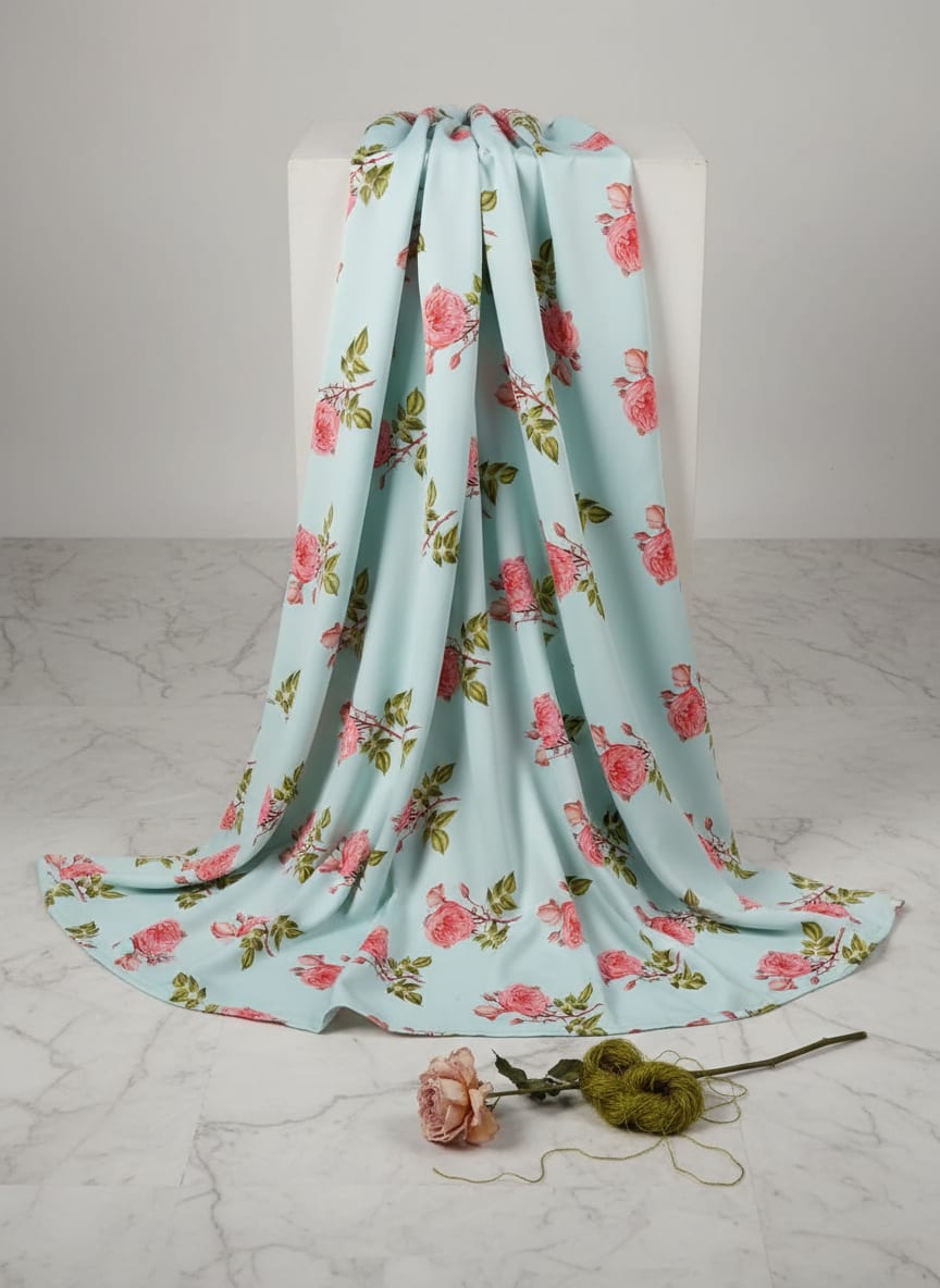 Blue Botanical Rose Floral Print Jam Satin Digital Printed Fabric