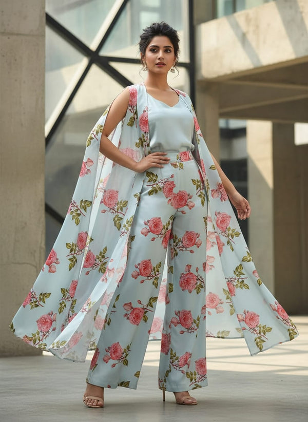 Blue Botanical Rose Floral Print Jam Satin Digital Printed Fabric - Cape with Palazzo Lookbook - JAM-0-TA07107P13-108 - alternate view