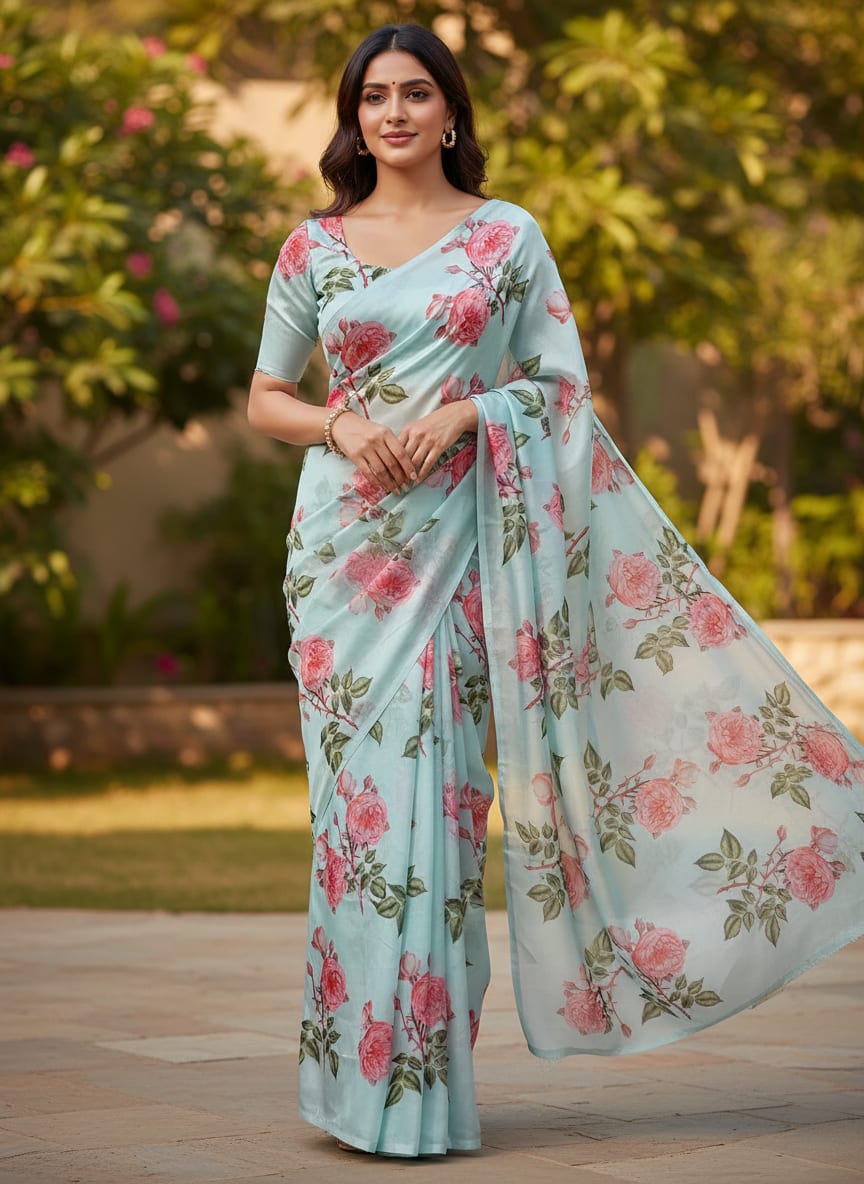 Red Rose Laying Over Sky Blue Digital Printed Fabric