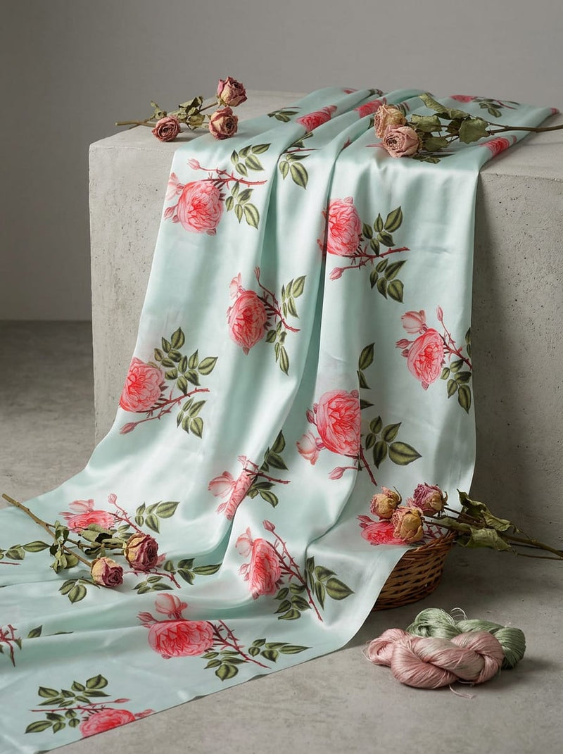 Blue Classic Rose Floral Japan Satin Digital Printed Fabric