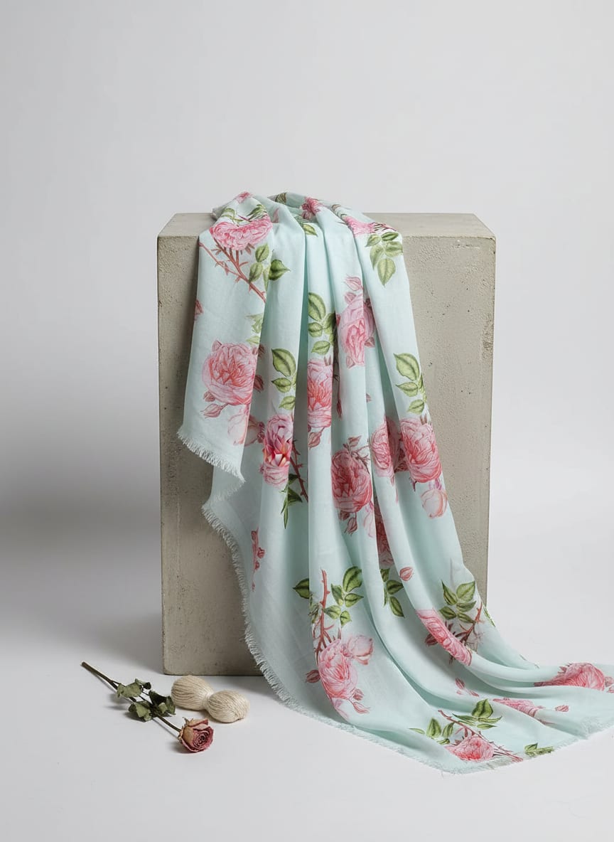 Light Blue Classic English Rose Floral Muslin Digital Printed Fabric