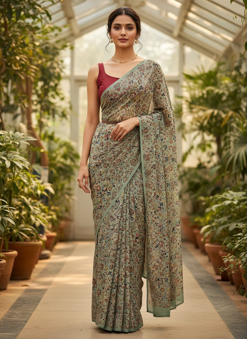 Multicolor Ethnic Damask Floral Silk Crepe Digital Printed Fabric