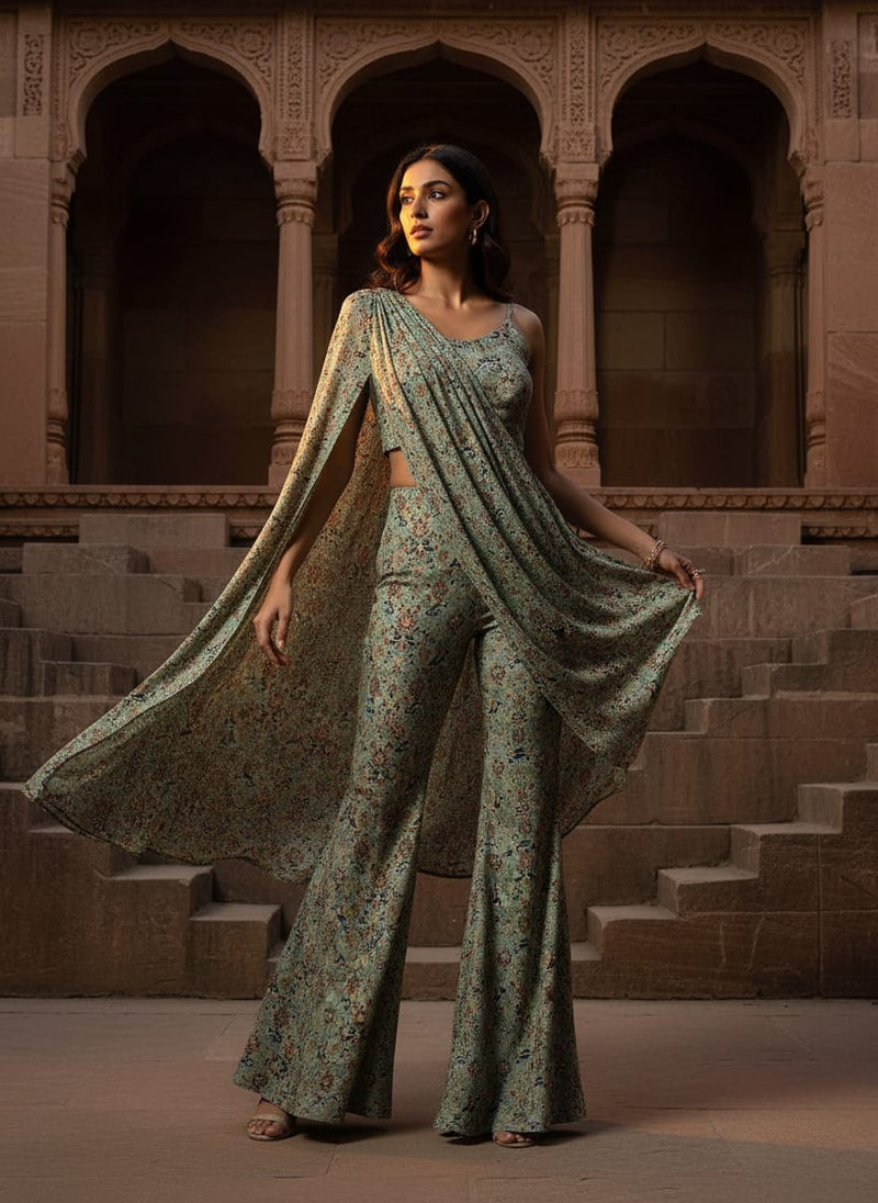 Multicolor Ethnic Damask Floral Silk Crepe Digital Printed Fabric