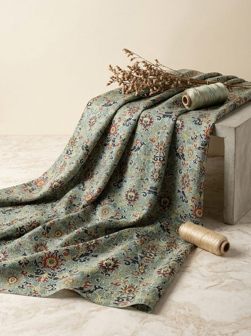 Multicolor Intricate Damask Floral Kora Silk Digital Printed Fabric