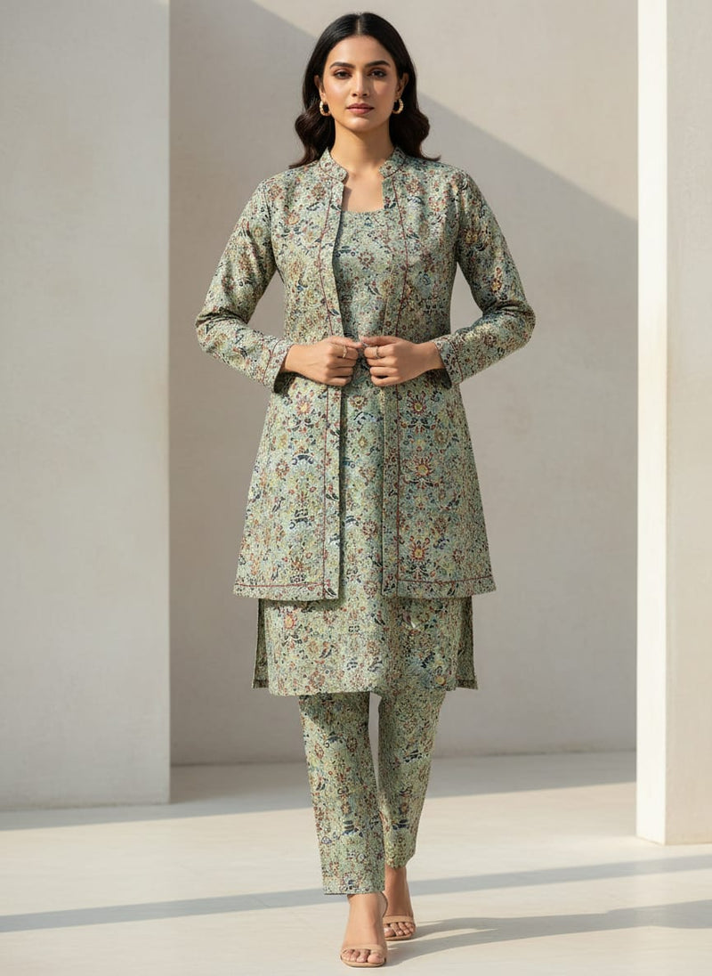 Multicolor Intricate Damask Floral Kora Silk Digital Printed Fabric