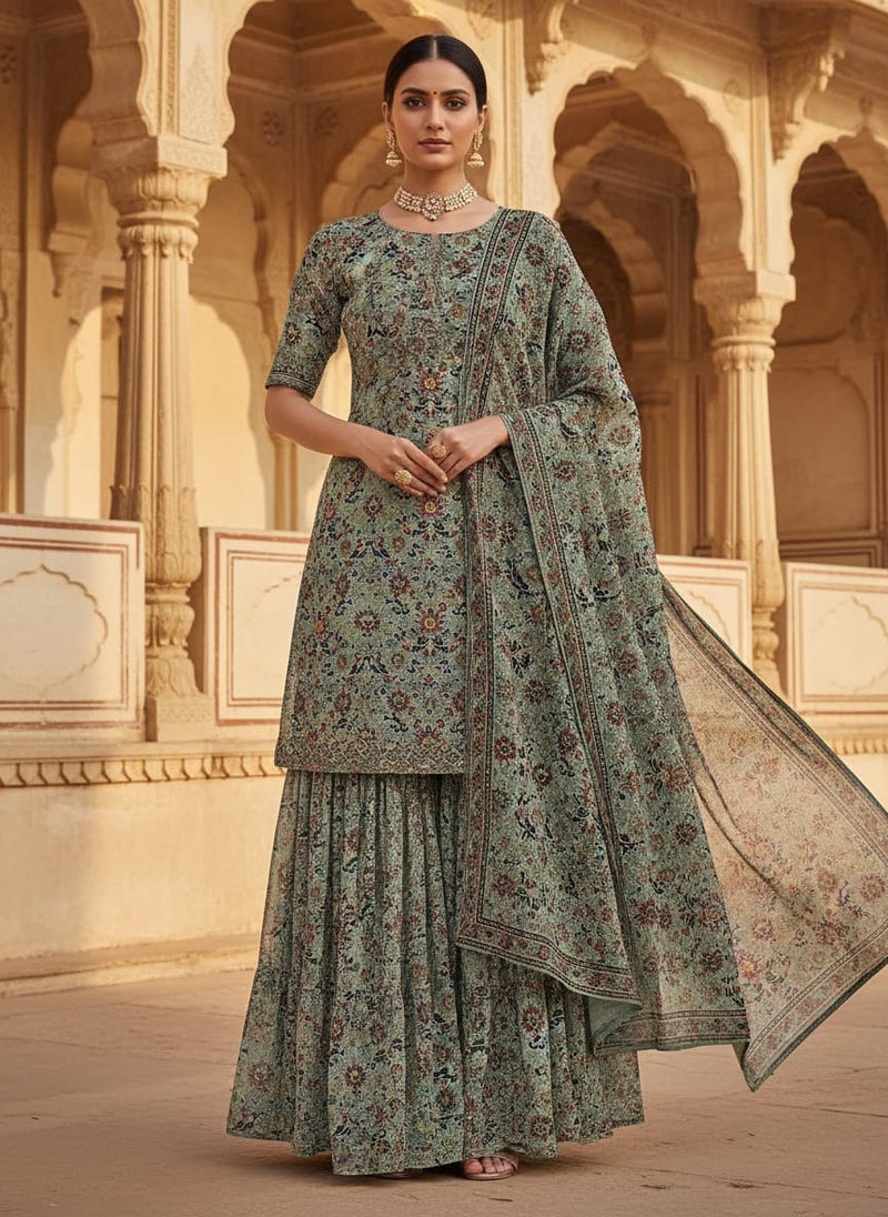 Grey Ethnic Floral Paisley Pure Chiffon Digital Printed Fabric
