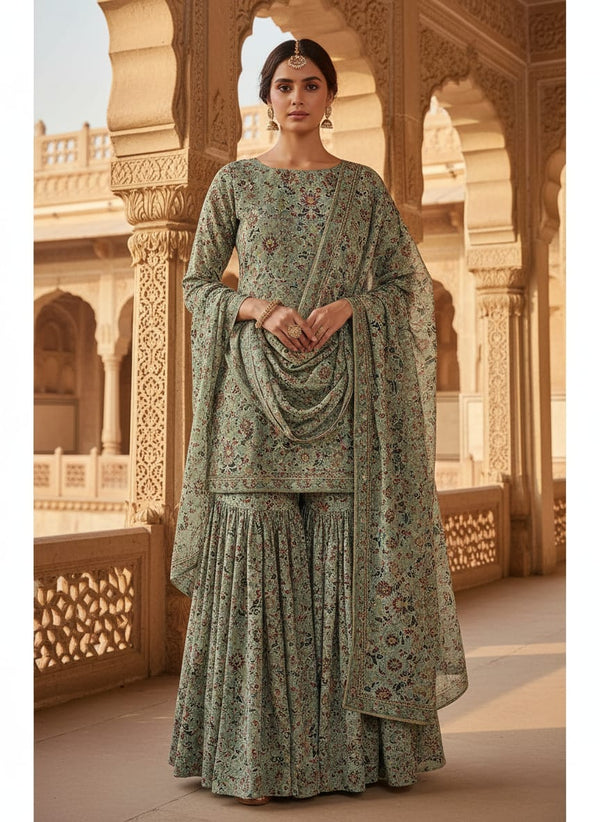 Multicolor Ethnic Damask Floral Pure Chinon Digital Printed Fabric - Sharara Set Lookbook - PC-0-TA01010-106 - alternate view