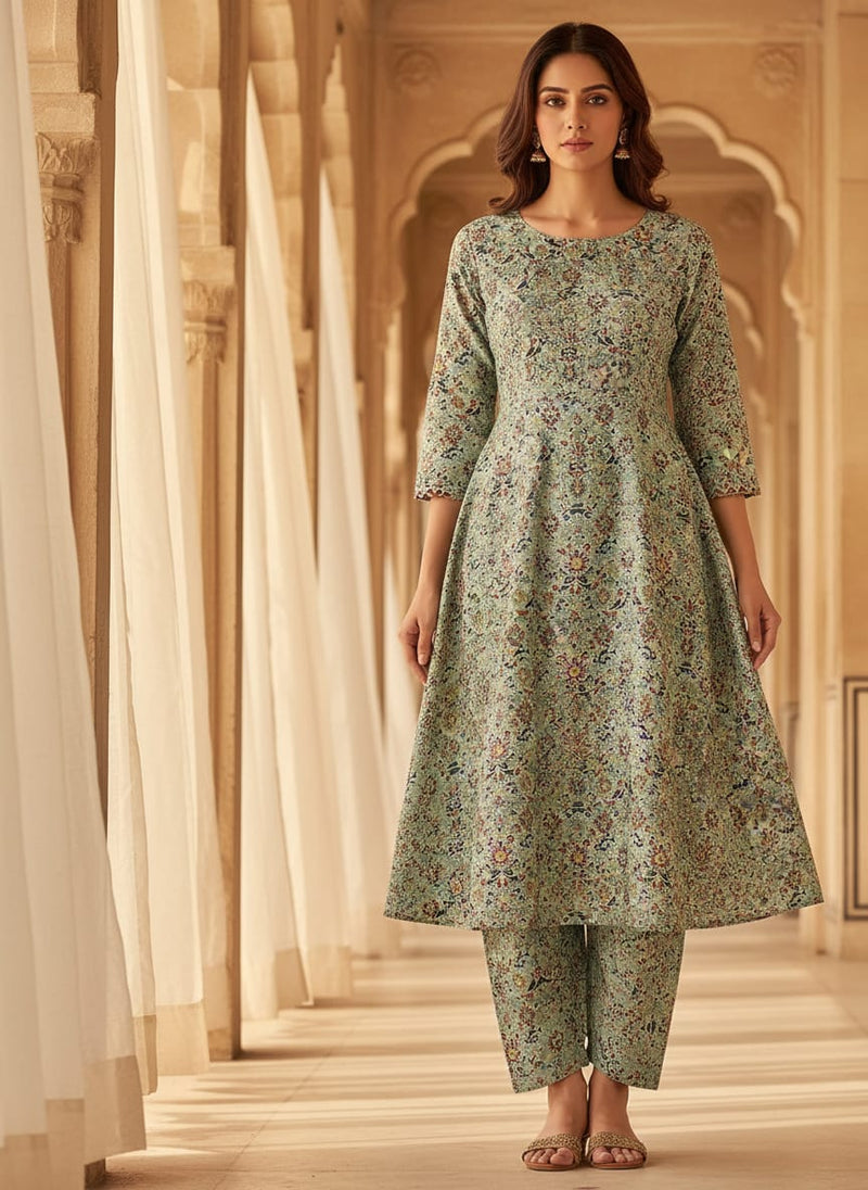 Green Ethnic Floral Damask Print Tusser Silk Digital Printed Fabric