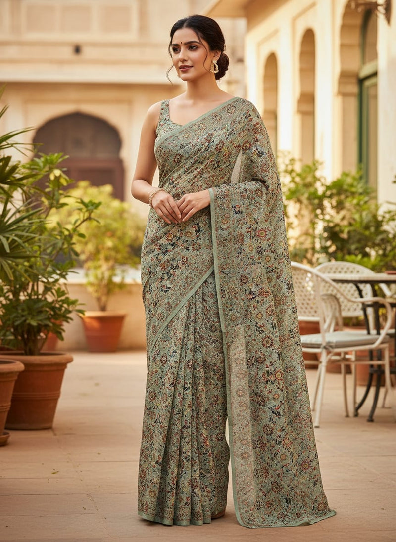 Green Ethnic Floral Damask Print Tusser Silk Digital Printed Fabric