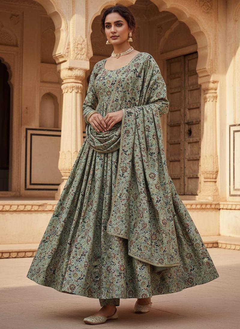Green Ethnic Floral Damask Print Tusser Silk Digital Printed Fabric