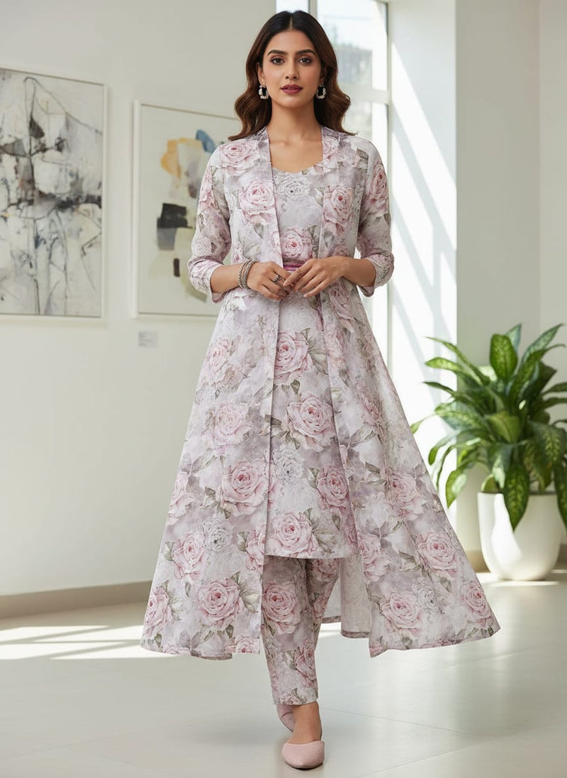 Pink Soft Painterly Rose Floral Kora Silk Digital Printed Fabric