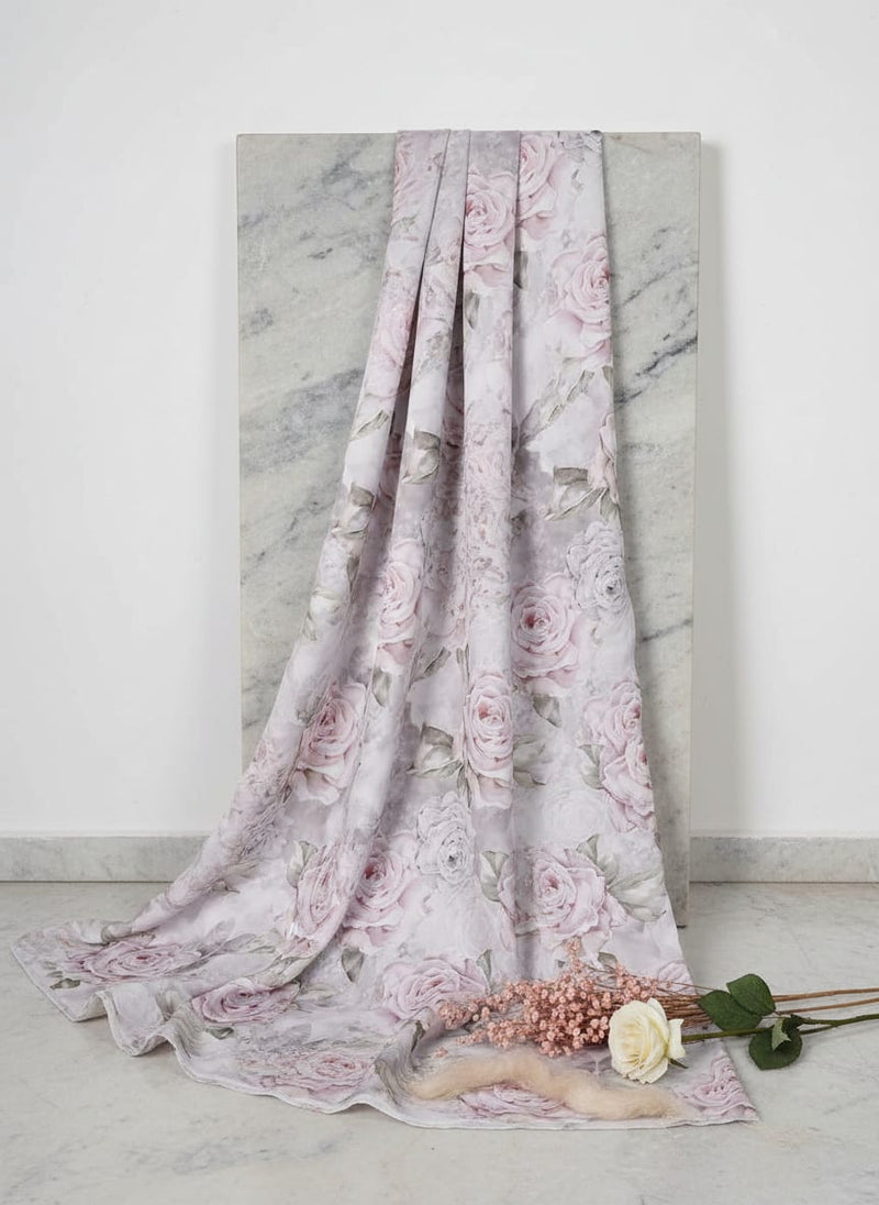 Pink Soft Painterly Rose Floral Kora Silk Digital Printed Fabric