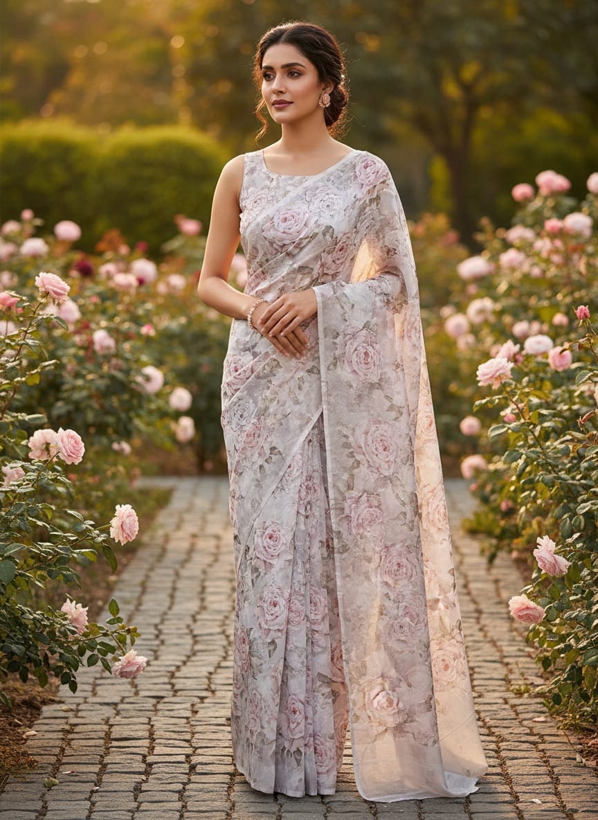 Pink Soft Painterly Rose Floral Kora Silk Digital Printed Fabric