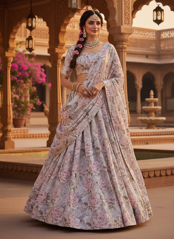 Pink Soft Painterly Rose Floral Kora Silk Digital Printed Fabric - Lehenga Choli Lookbook - KS-0-TA01141-110 - alternate view