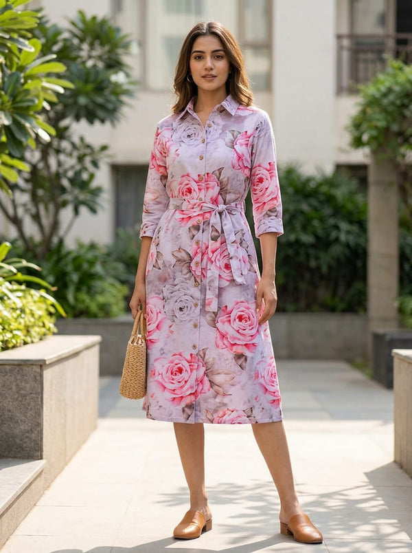 Pink Vintage Rose Floral Pure Cotton Digital Printed Fabric - Shirt Dress Lookbook - PCO-0-TA01141-108 - alternate view