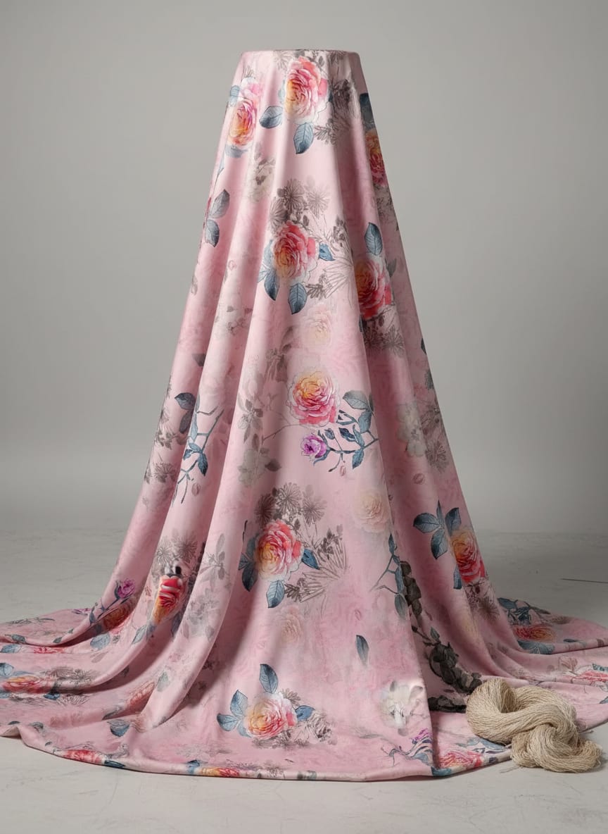 Pink Watercolour Rose Floral Jam Satin Digital Printed Fabric