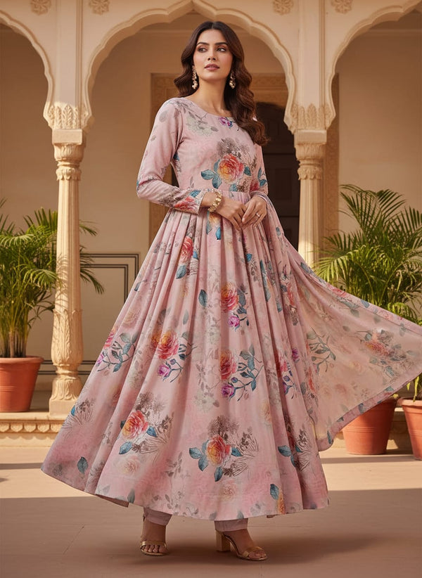 Pink Watercolour Rose Floral Jam Satin Digital Printed Fabric - Anarkali Kurta Set Lookbook - JAM-0-TA07124B-108 - alternate view