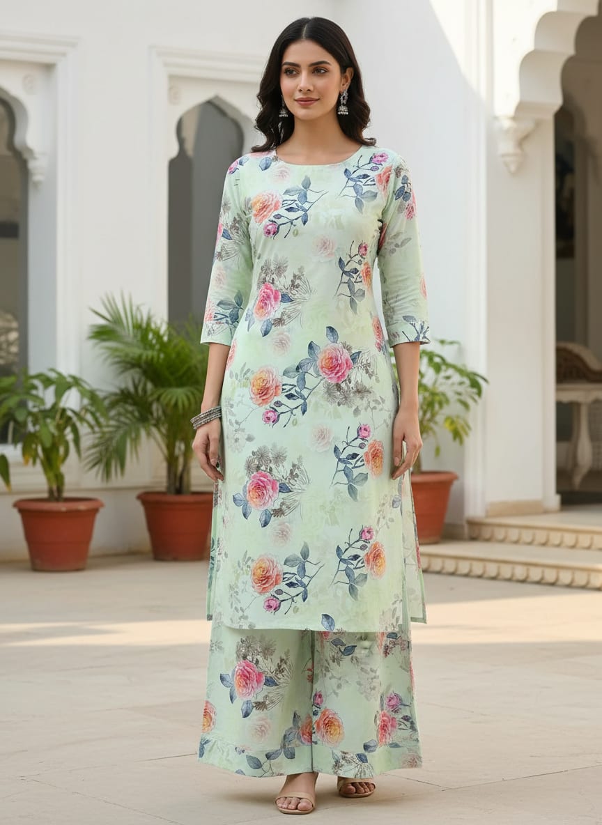 Roses Floating on Pista Base Digital Printed Fabric