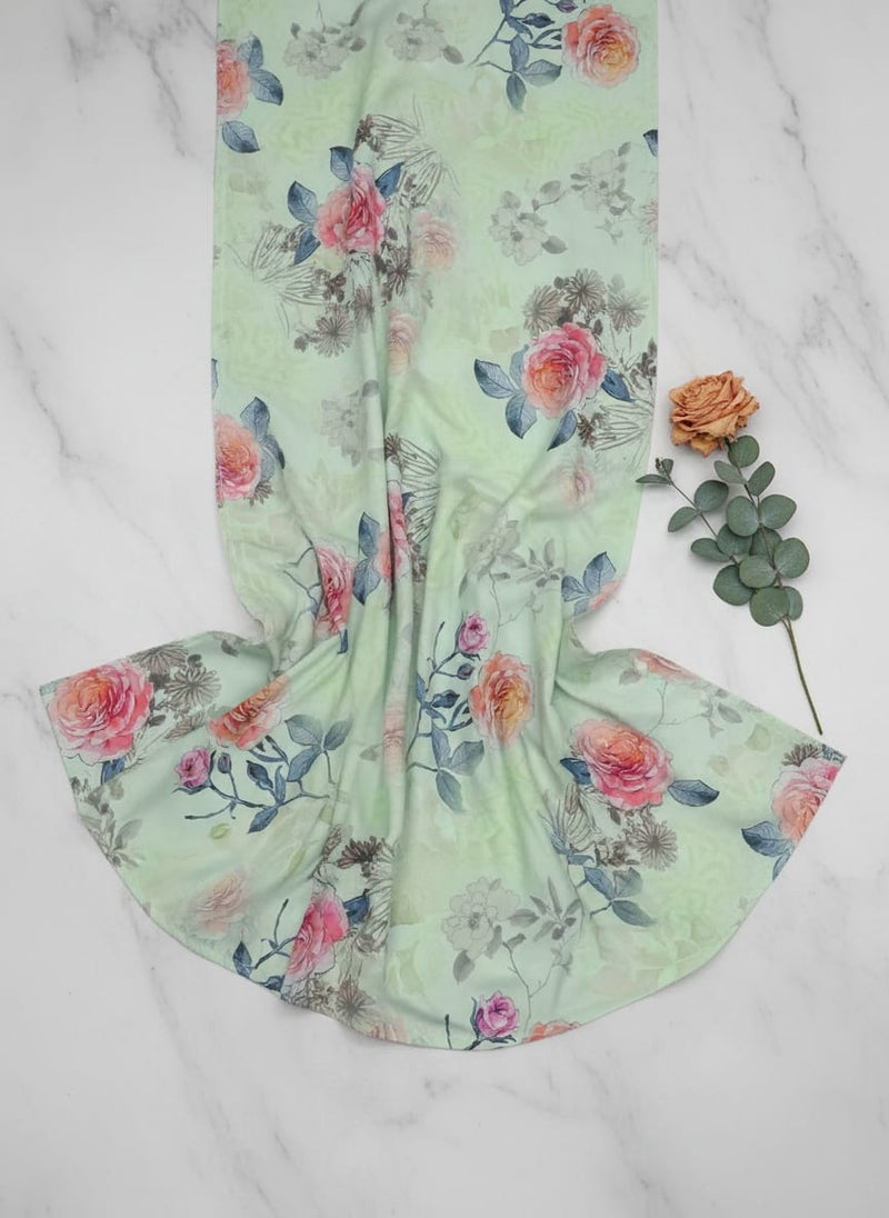 Green Watercolour Rose Floral Pure Cotton Digital Printed Fabric