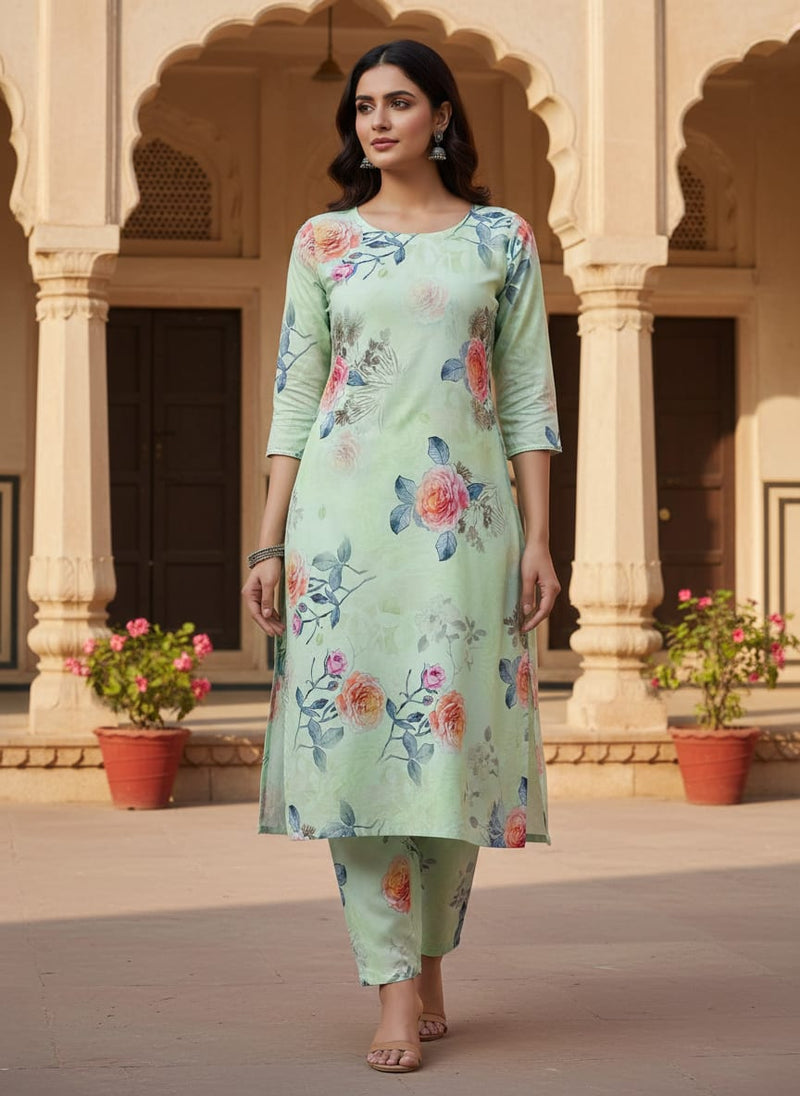 Roses Floating on Pista Base Digital Printed Fabric