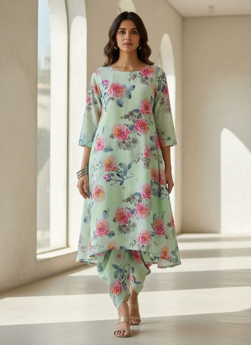 Green Watercolour Rose Floral Pure Cotton Digital Printed Fabric