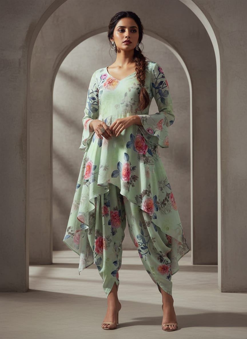 Green Watercolour Rose Floral Pure Cotton Digital Printed Fabric
