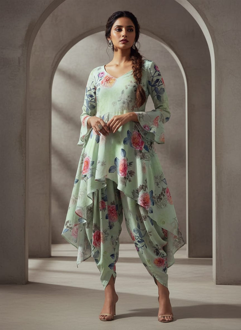 Green Watercolour Rose Floral Pure Cotton Digital Printed Fabric