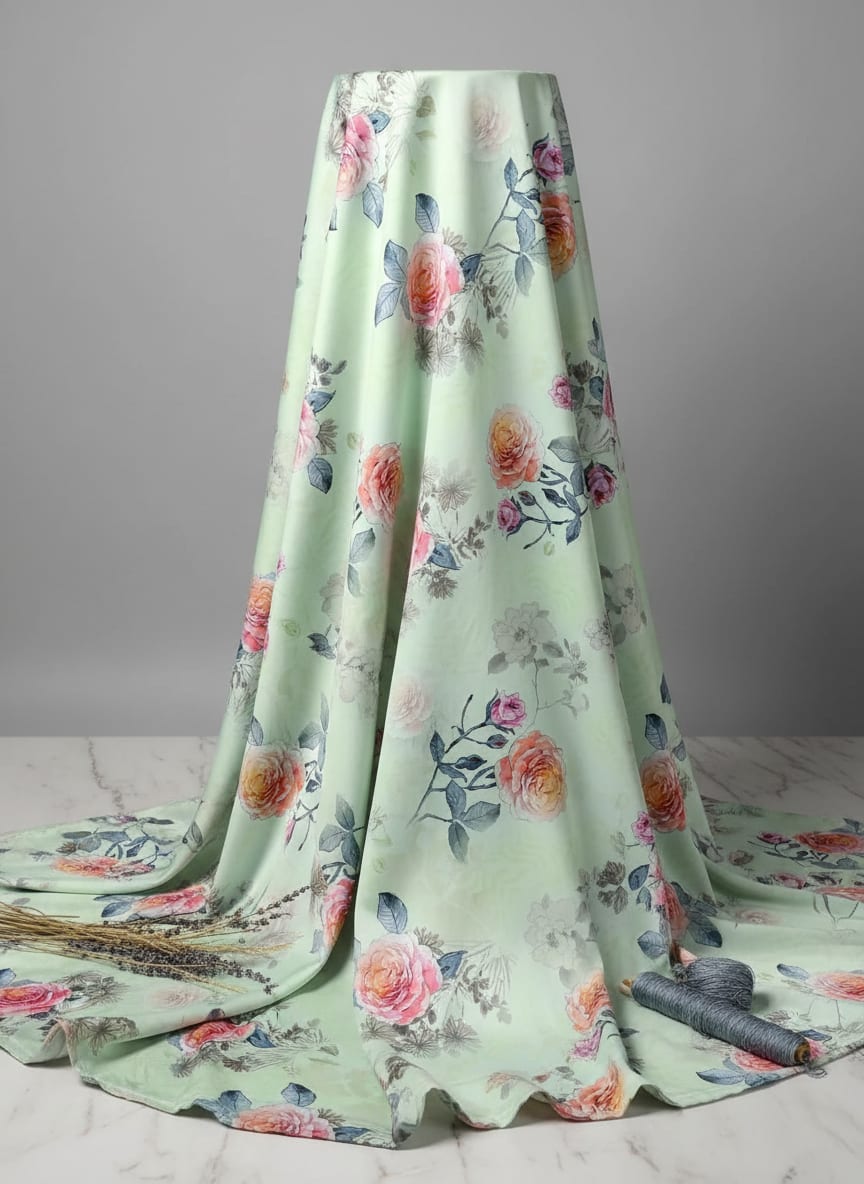 Green Watercolor Rose Floral Jam Satin Digital Printed Fabric