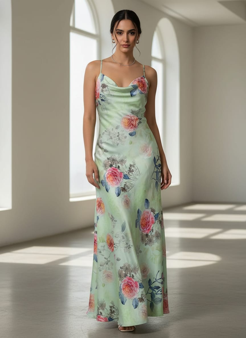 Green Watercolor Rose Floral Jam Satin Digital Printed Fabric
