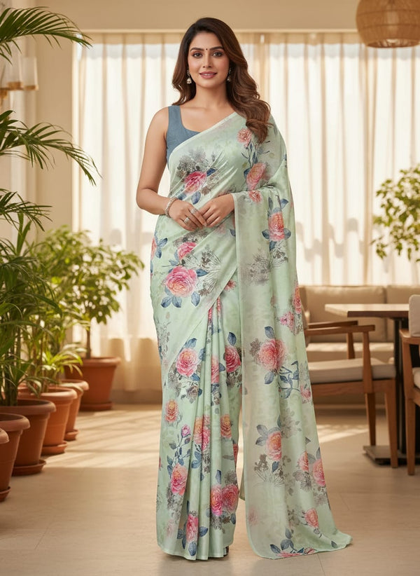 Green Watercolor Rose Floral Jam Satin Digital Printed Fabric - Saree Lookbook - JAM-0-TA07124C-108 - alternate view