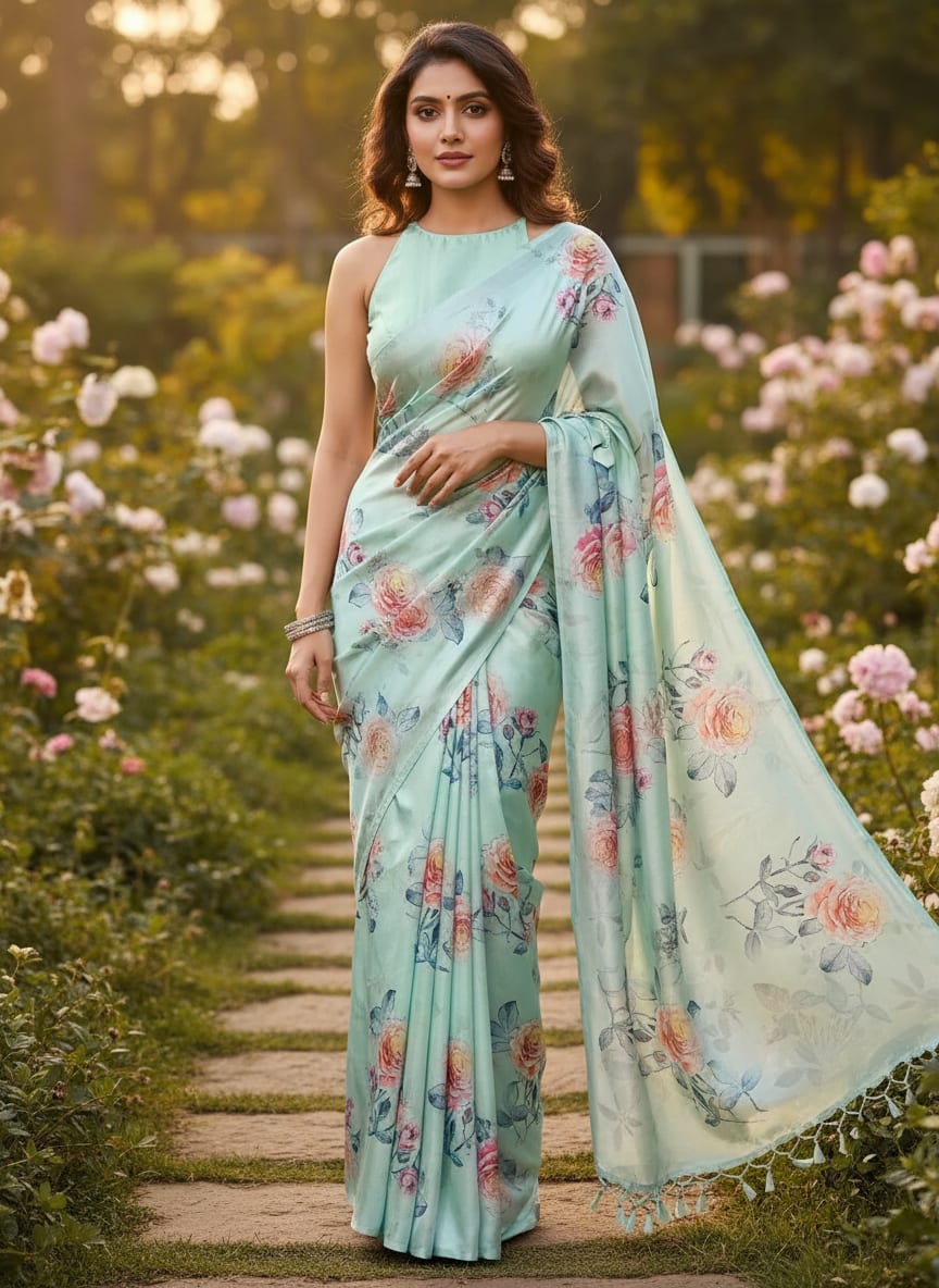 Roses Floating on Pista Base Digital Printed Fabric