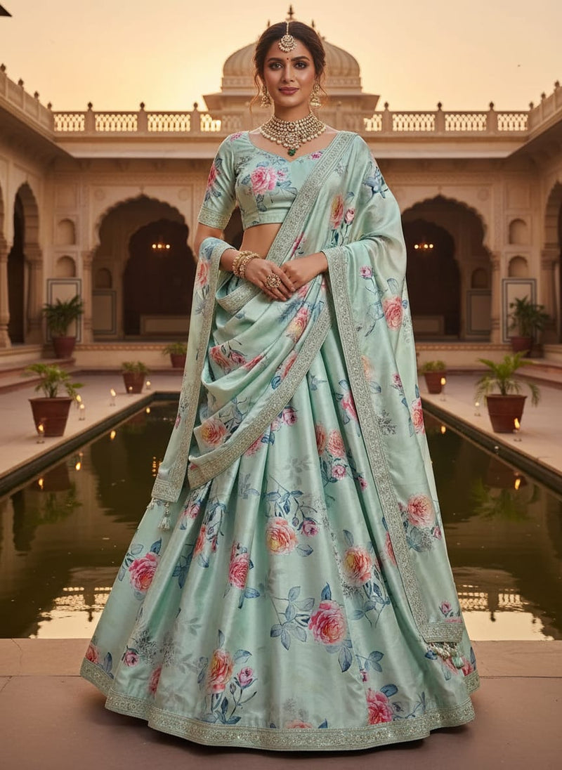 Roses Floating on Pista Base Digital Printed Fabric