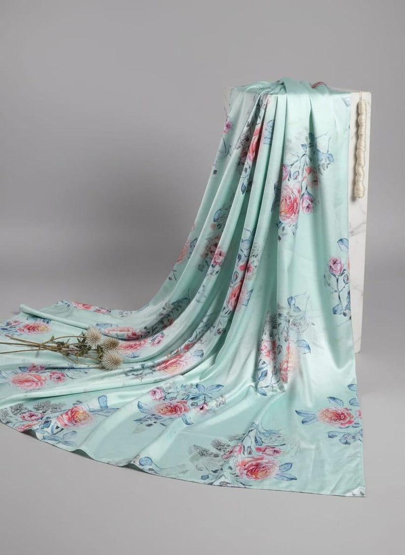 Green Watercolour Rose Floral Japan Satin Digital Printed Fabric