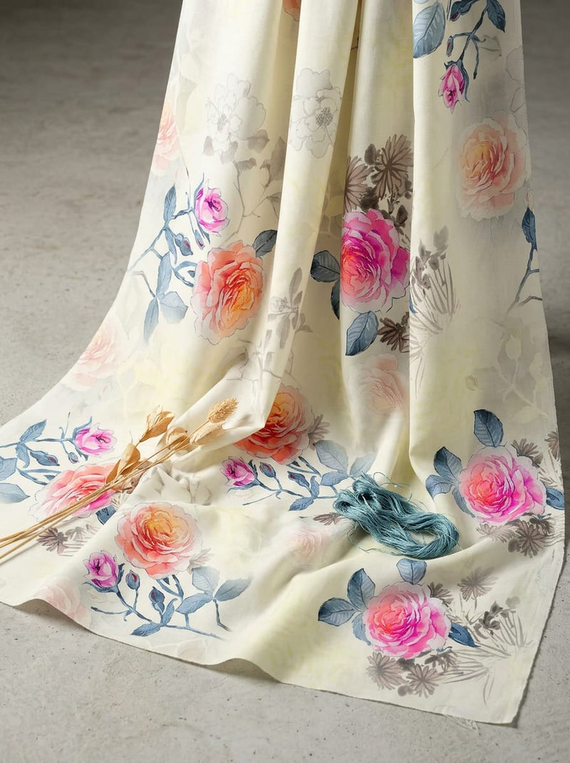 Multicolor Watercolour Rose Floral Pure Cotton Digital Printed Fabric