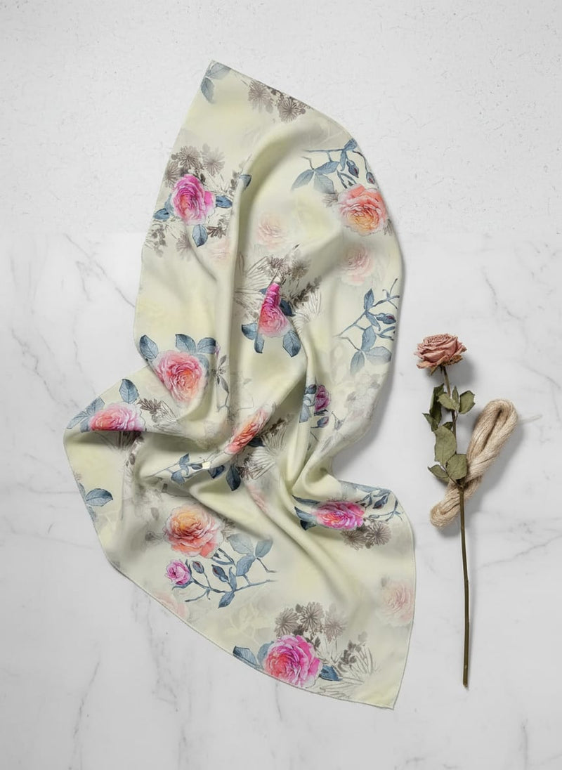 Cream Watercolour Rose Floral Jam Satin Digital Printed Fabric