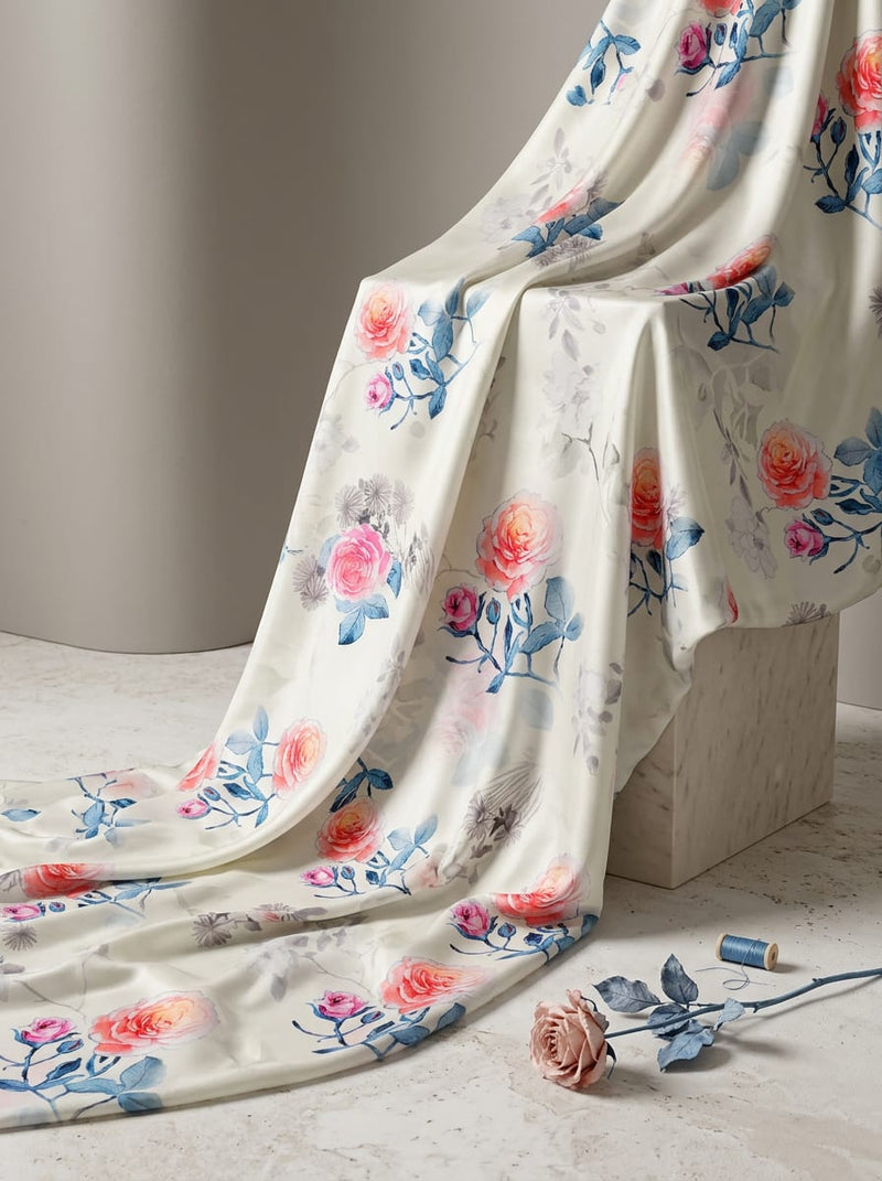 Cream Watercolor Roses Floral Japan Satin Digital Printed Fabric