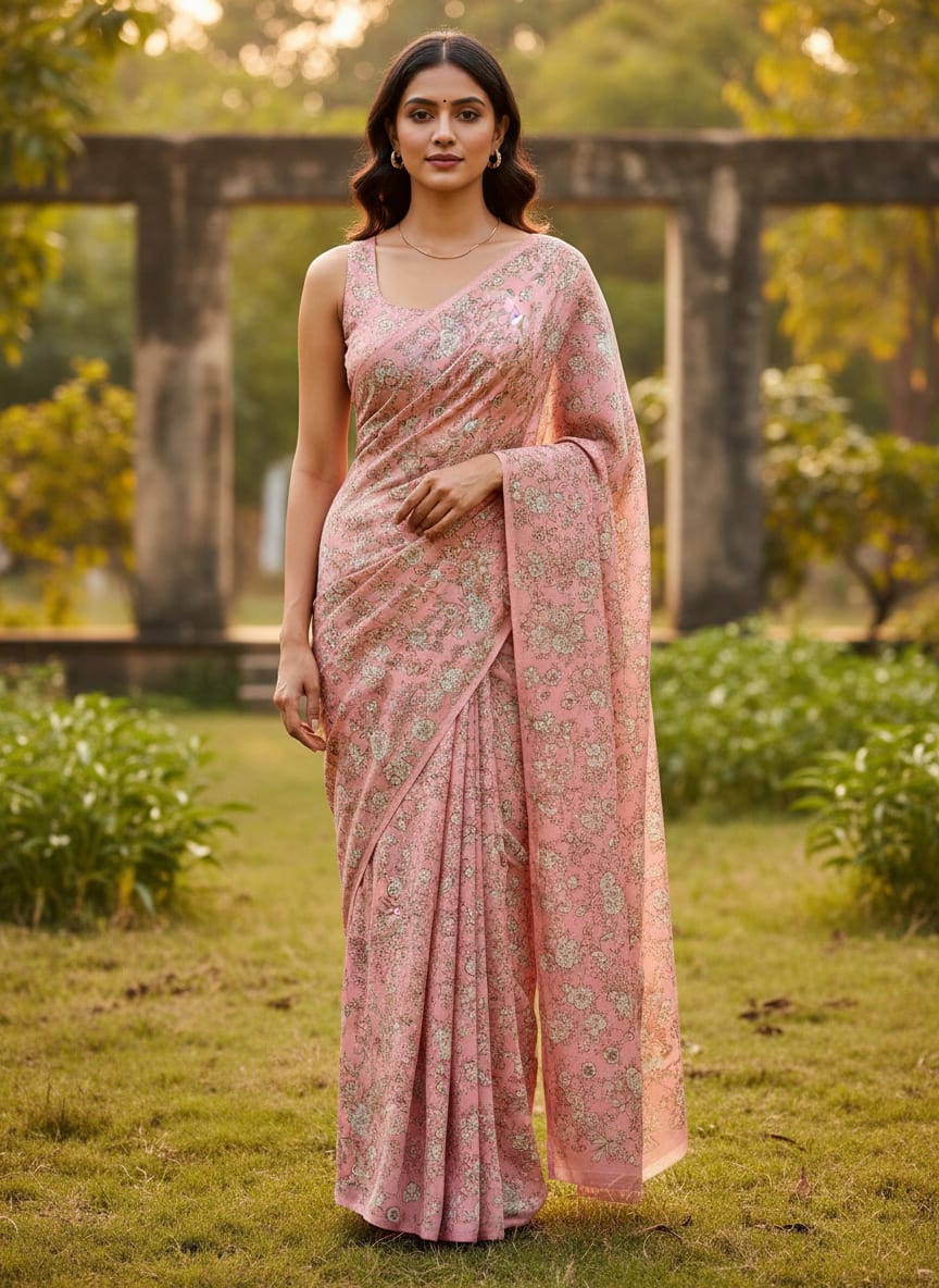 Pink Delicate Ditsy Floral Silk Crepe Digital Printed Fabric