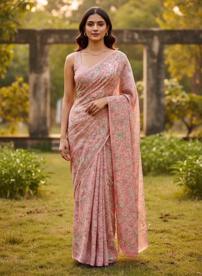 Pink Delicate Ditsy Floral Silk Crepe Digital Printed Fabric