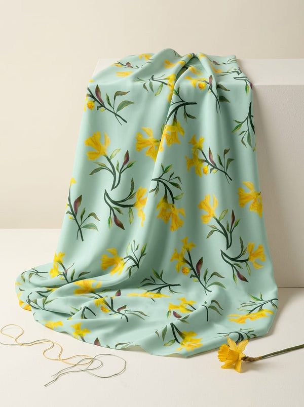 Green Yellow Daffodil Botanical Floral Silk Crepe Digital Printed Fabric - Fabric Editorial Studio Flatlay Lookbook - CR-0-TA01241-110